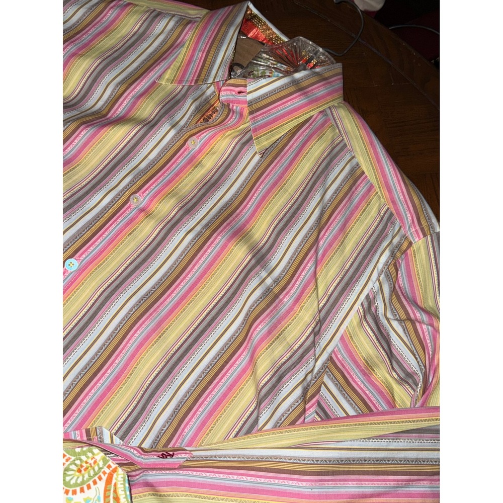 Robert Graham Button Down Mens XL Multi Color Striped Paisley Trim Long Sleeve